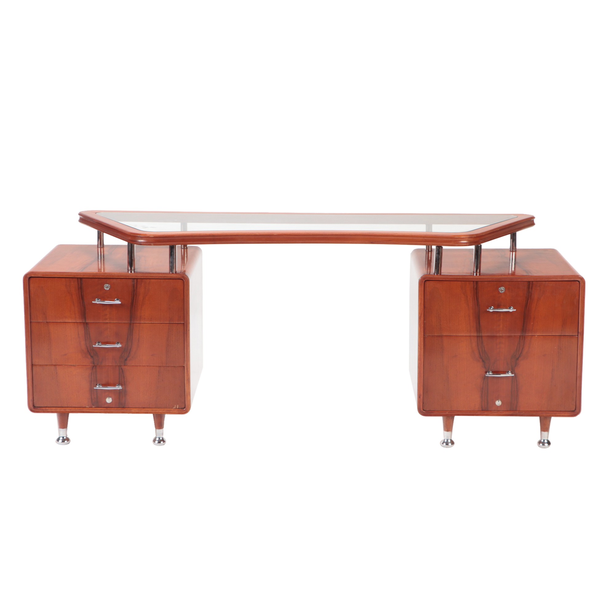 A stunning Mid Century Modern glass and wood floating top desk, C. 1960.