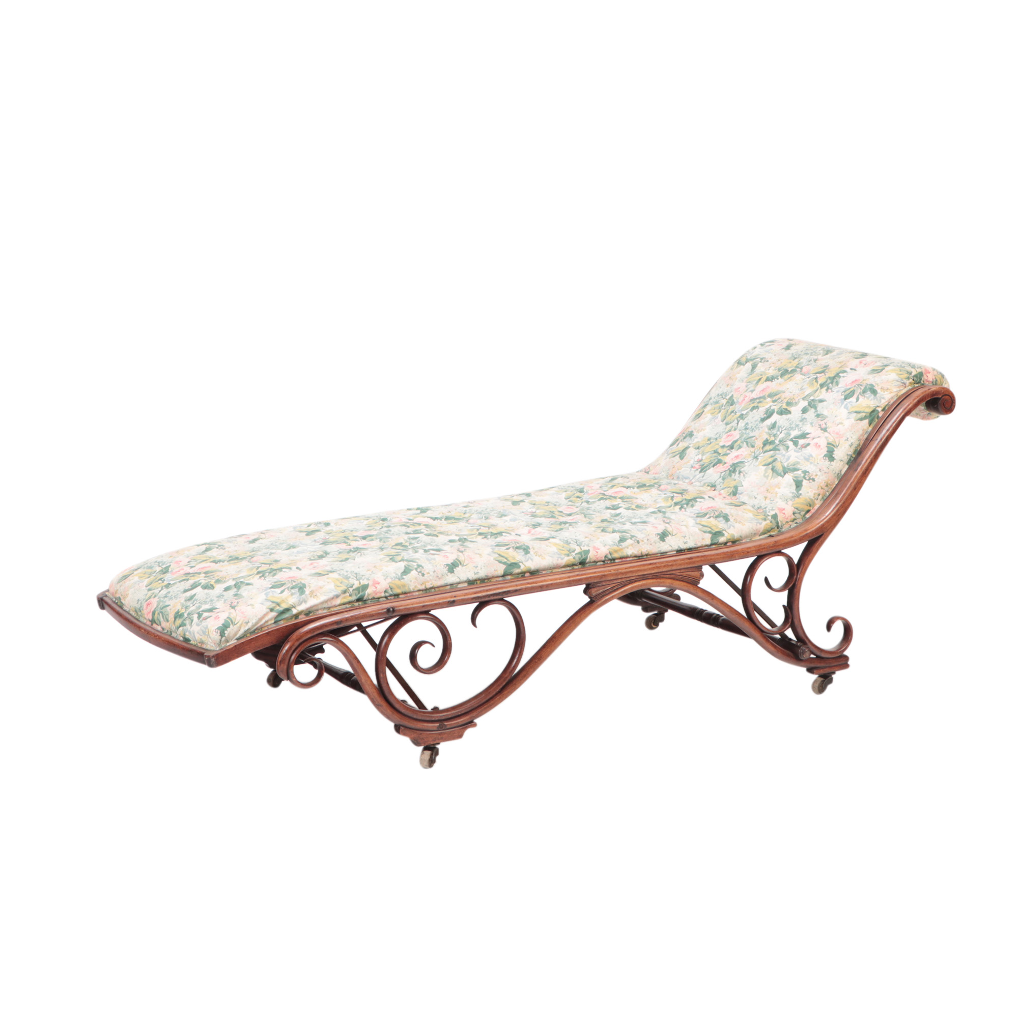 A bentwood and upholstered chaise lounge by Thonet circa 1900.