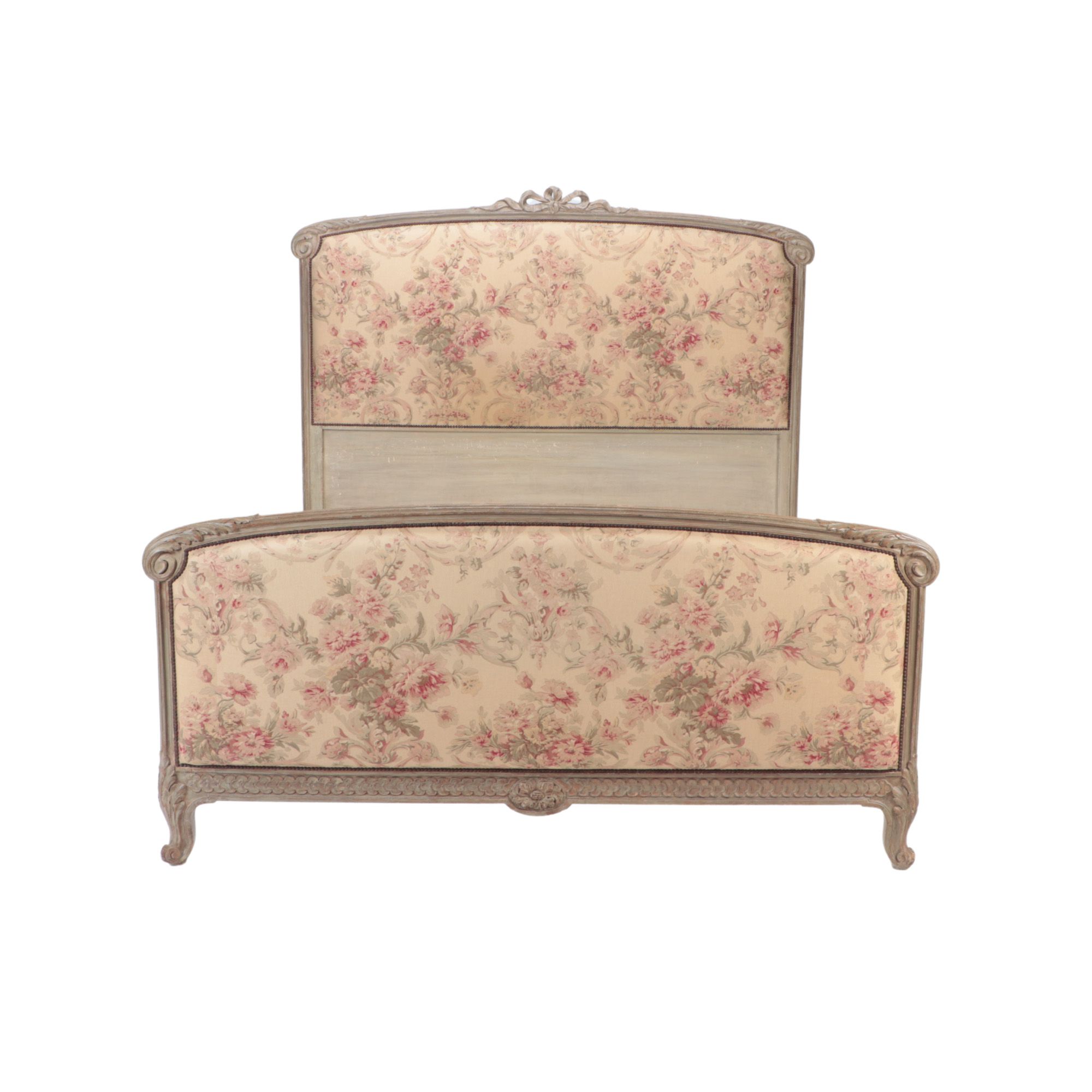 A French Louis XV style tall carved and painted queen size bed C 1890.