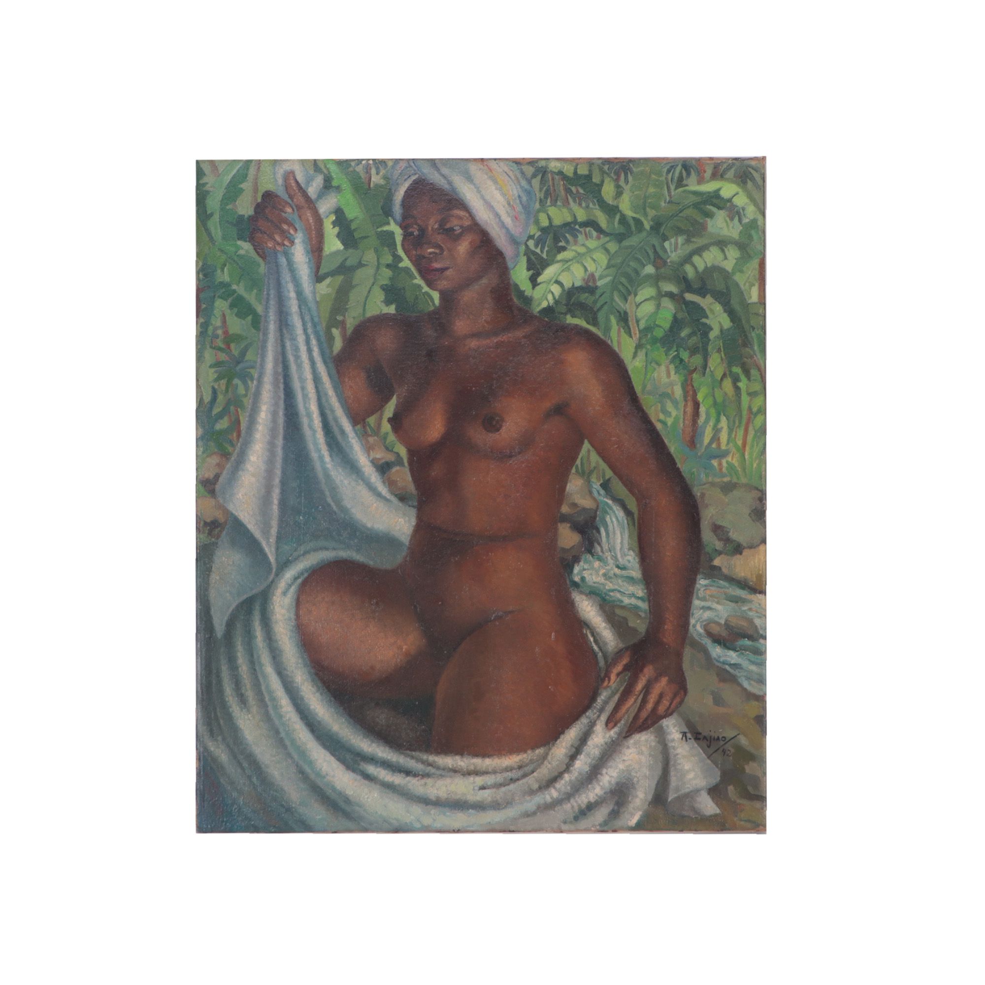 Nude Woman with Towel by A. Cajiao (Haiti, 20th century).