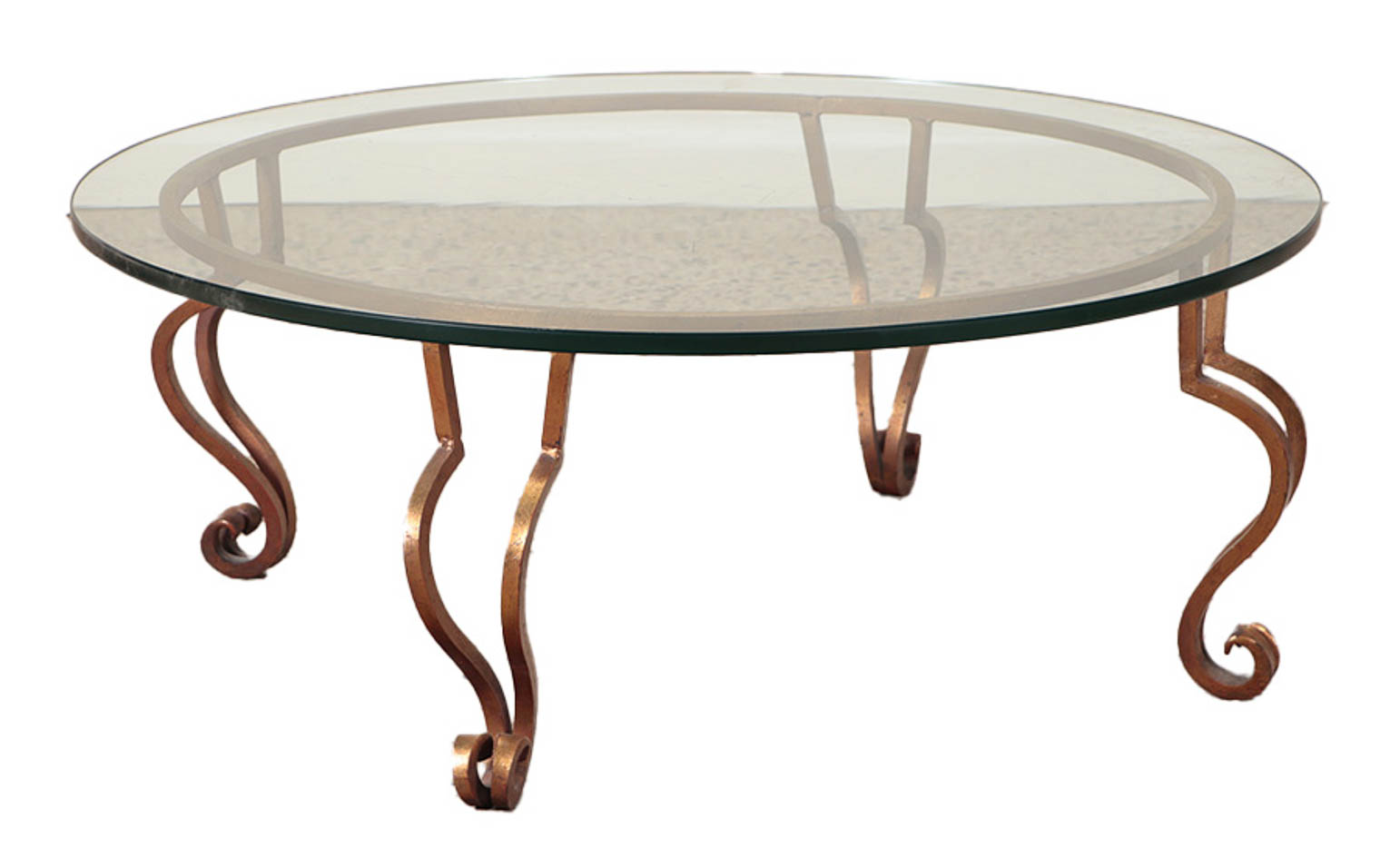 A gilt iron, glass top coffee table, in the manner of Maison Ramsay, C. 1975.