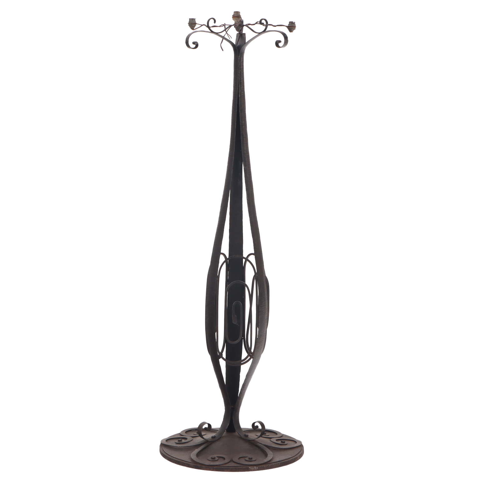 A French Art Deco hand hammered iron floor lamp, C. 1930.