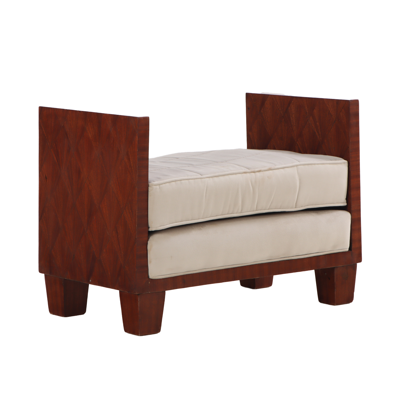 A Jean-Michel Frank style straw marquetry upholstered bench. Contemporary.