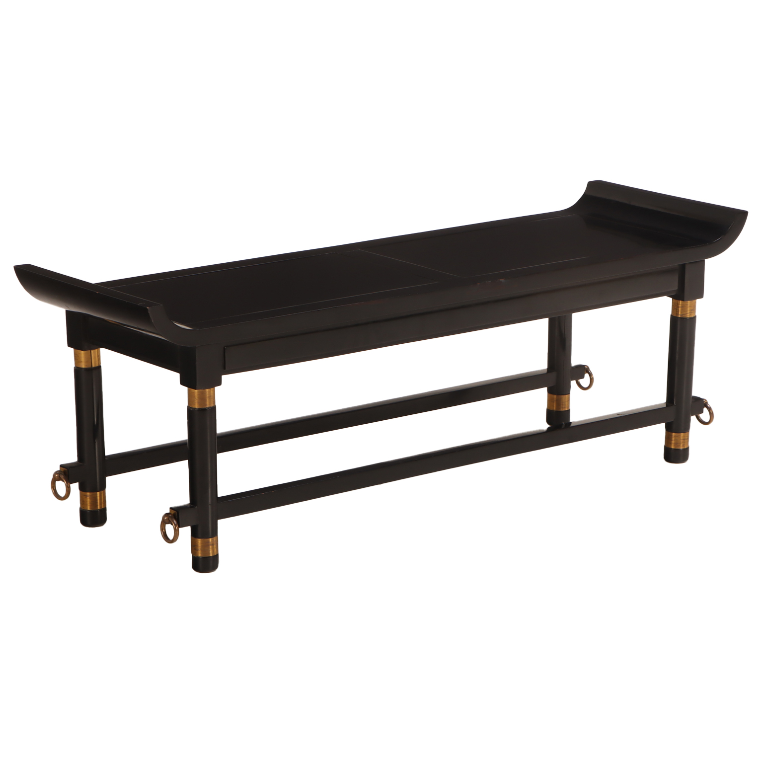 Black Lacquered and Brass Mounted Bench in the manner of James Mont, C 1950.