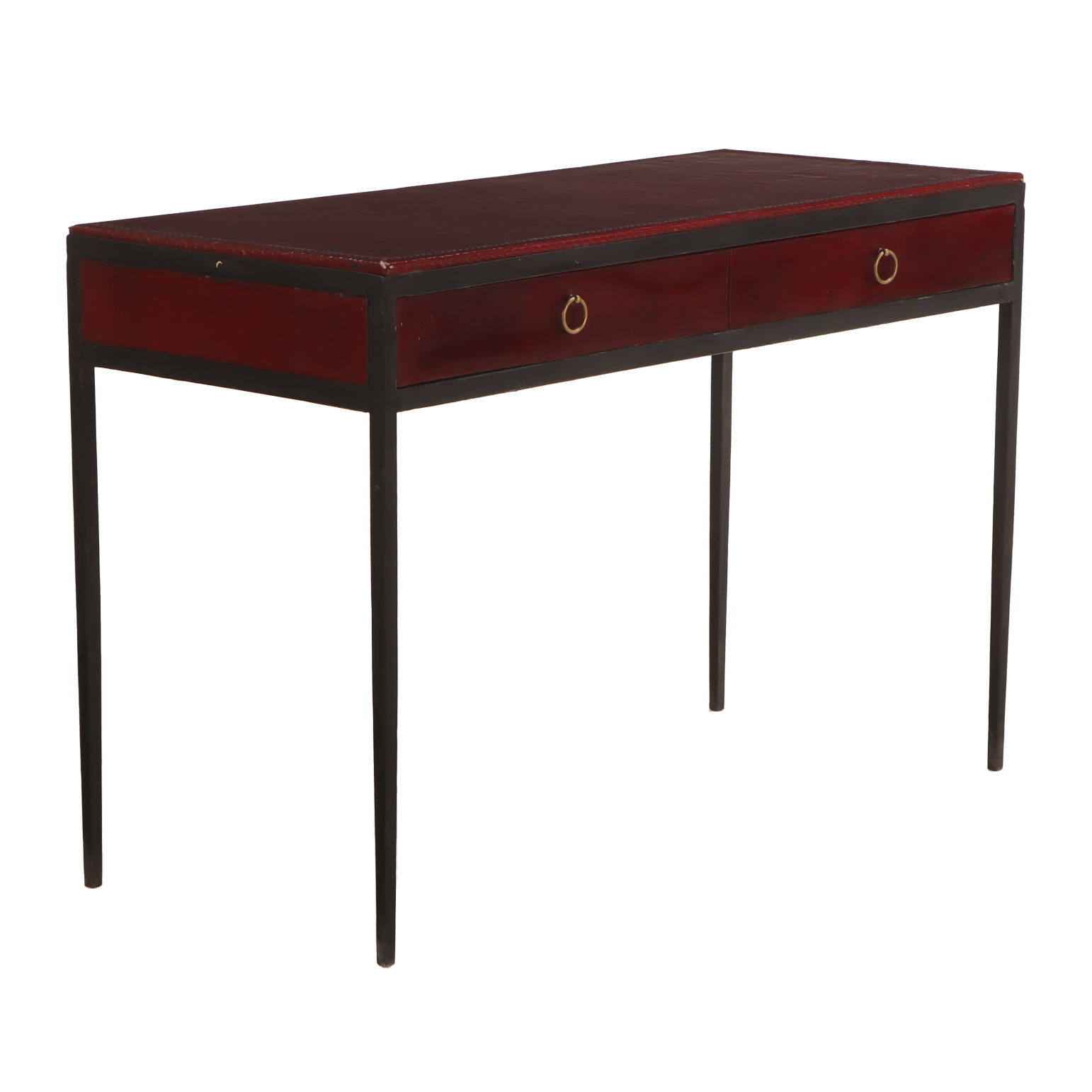 An iron and leather writing desk in the manner of Jean-Michel Frank. Contemporary.