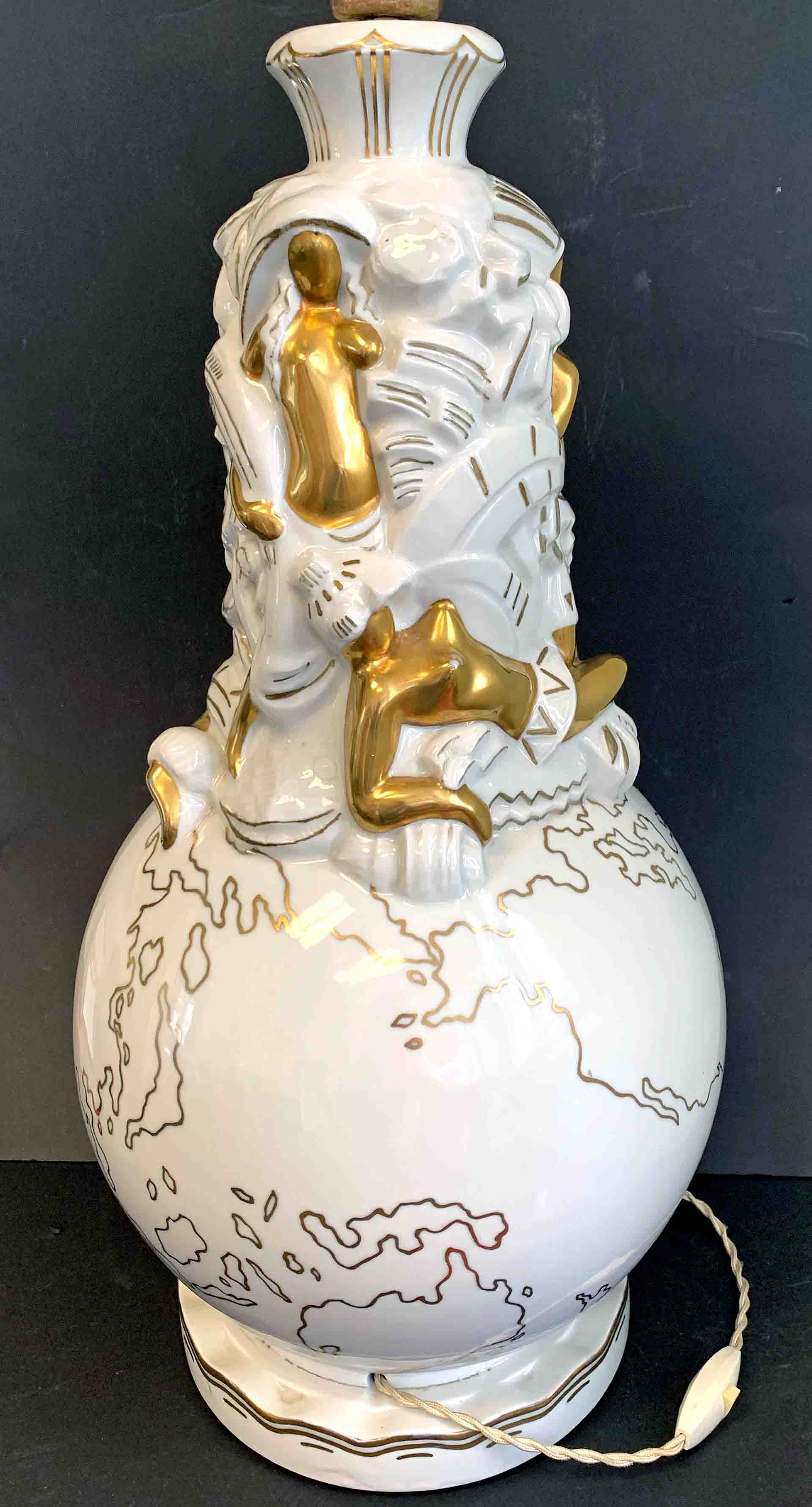 A French Lamp Base, Art Deco figures around a globe