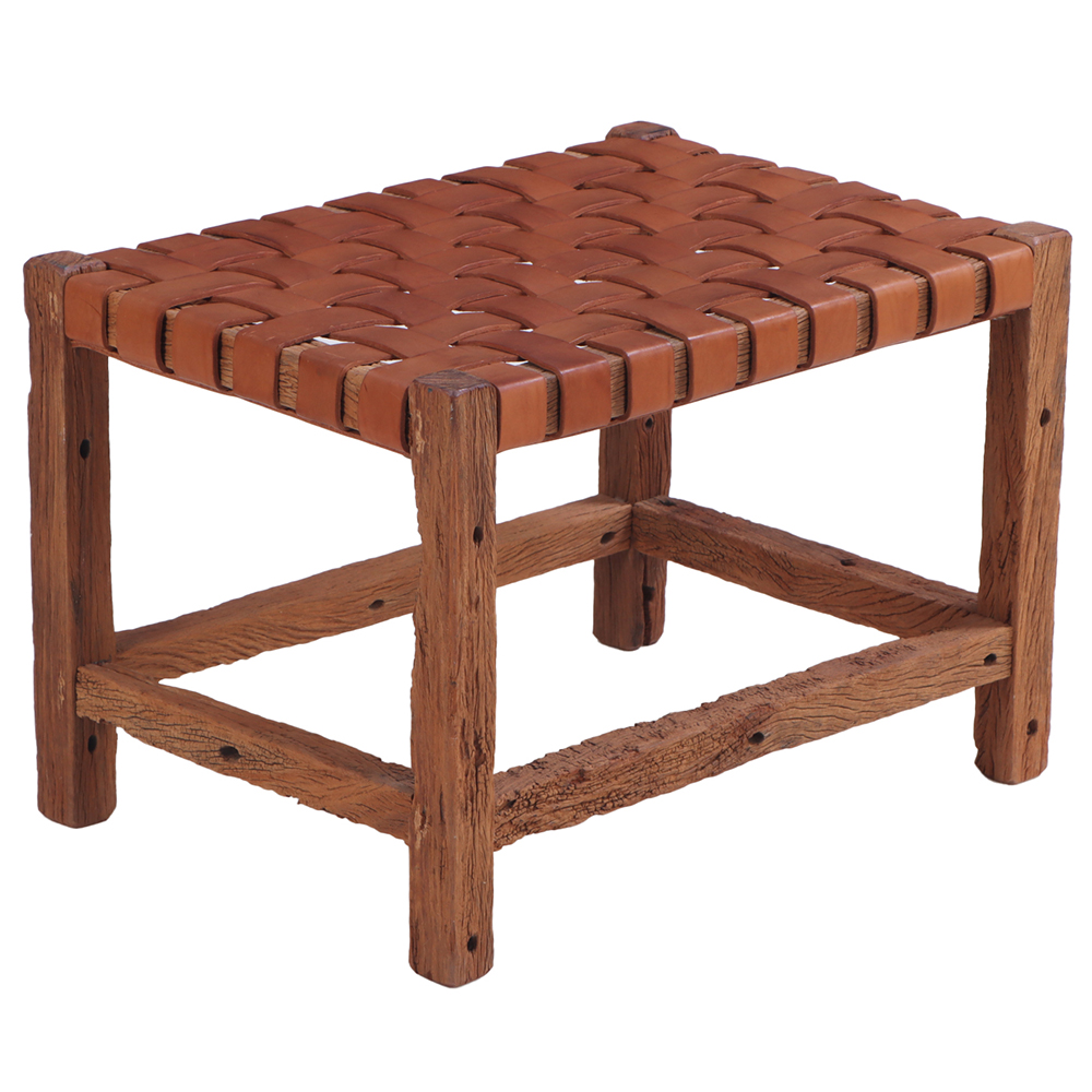A rustic French wood bench with woven leather seat, C. 1930.