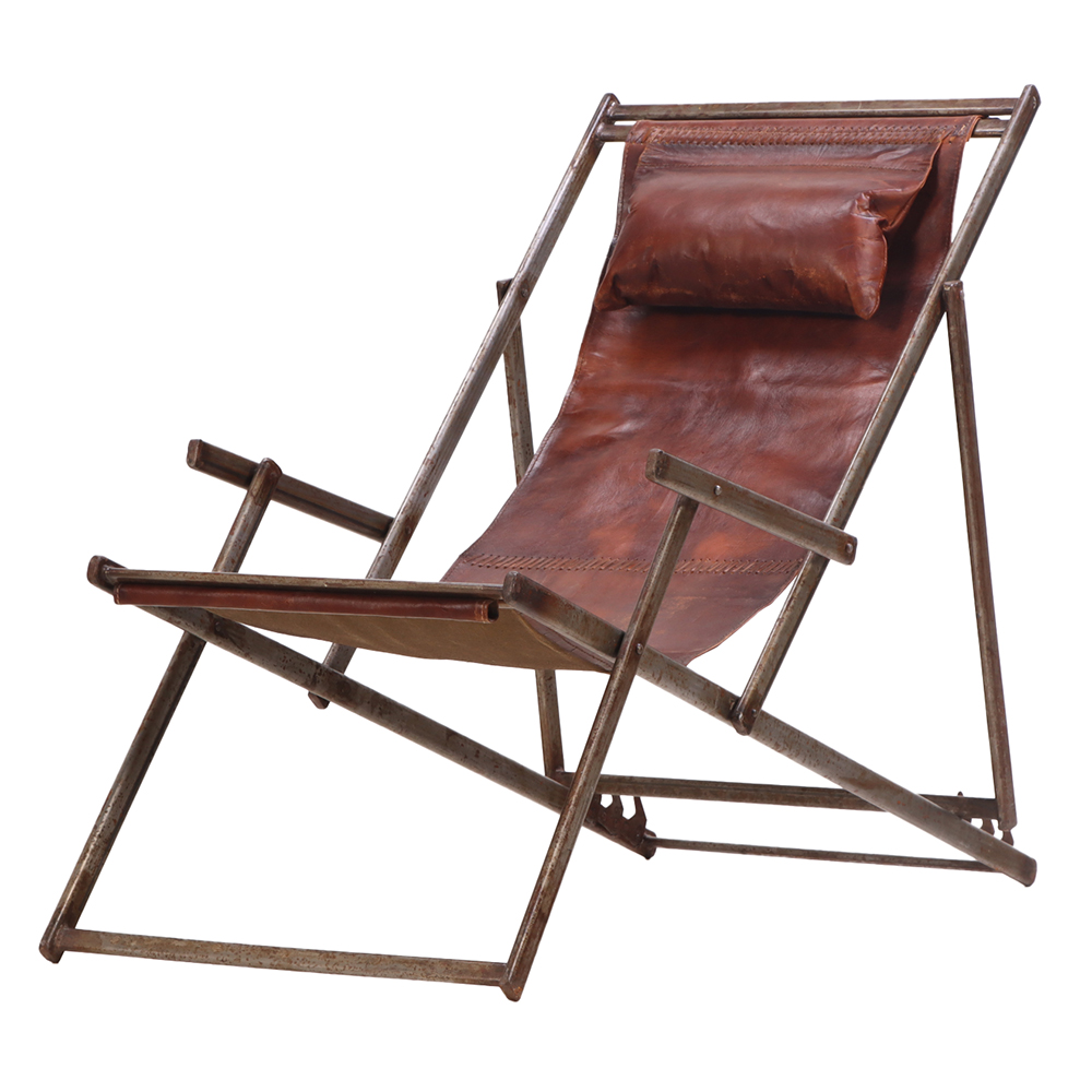 A French Folding Iron and Leather Lounge Chair, C. 1970. 