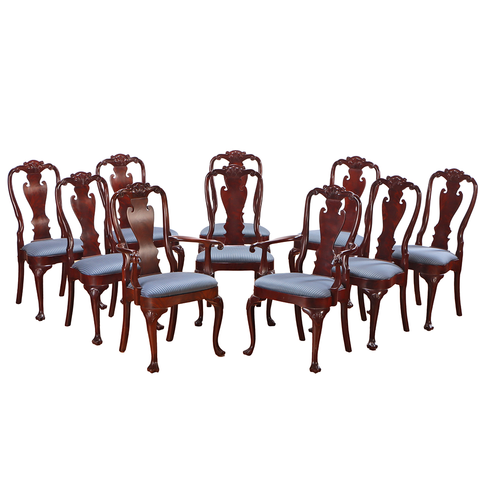 A Set of 10 Queen Anne–Style Mahogany Dining Chairs by Councill, c. 1985.