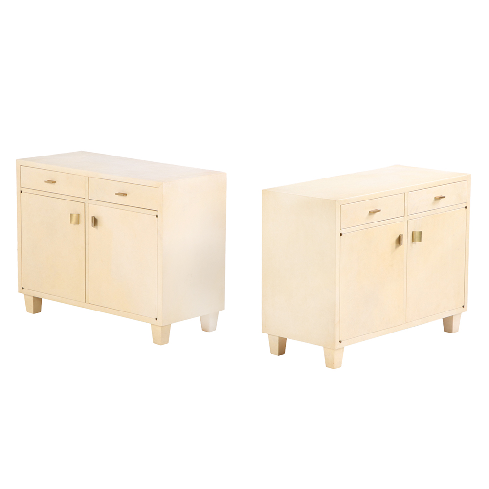 Pair of Mid-Century Parchment-Covered Cabinets, c. 1960.