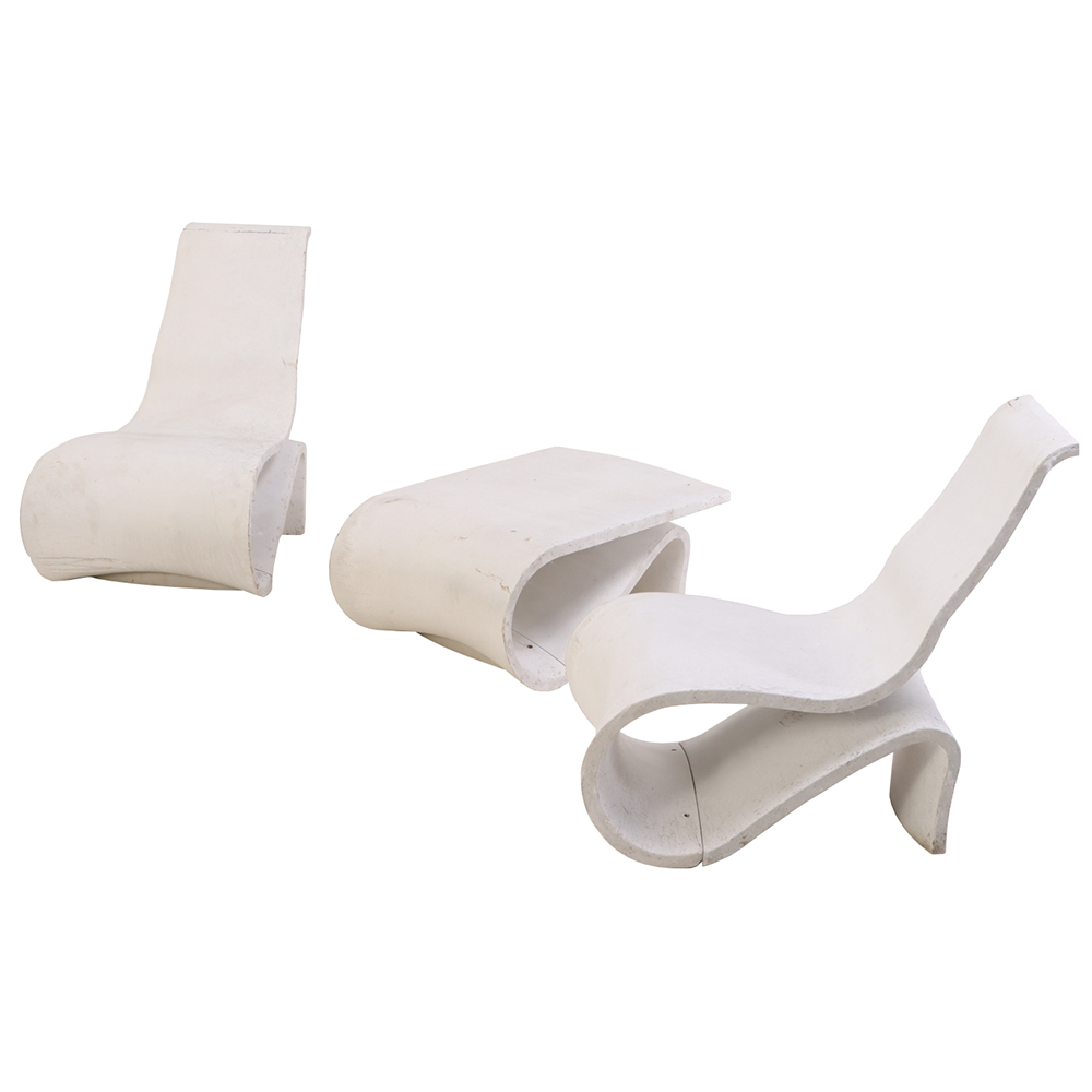 A French Set of Two Painted Cement Chairs & Matching Stool, C. 1985.
