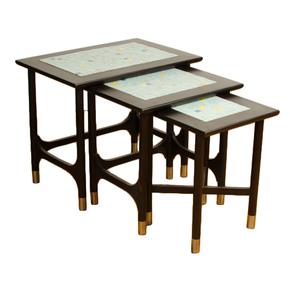 A set of three, Weiman Mid Century Modern nesting tables with tile inserts circa 1960. 