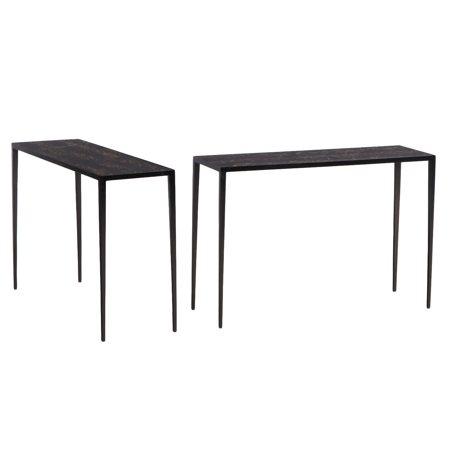 A Pair of Iron and Nero Portoro Marble Console Tables, in the manner of Jean-Michel Frank. Contemporary