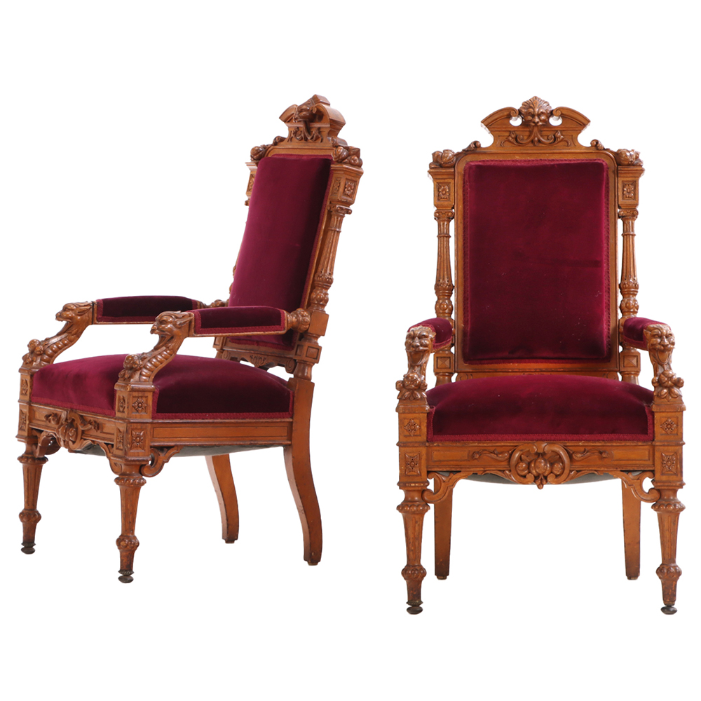 A Pair of Victorian Substantially Carved Oak Armchairs, C. 1870.