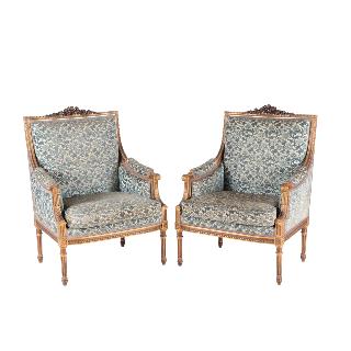 Pair of Antique Louis XV Bergere Chairs Upholstered in Silk Scalamandré  Fabric