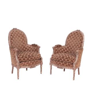 Pair of Antique Louis XV Bergere Chairs Upholstered in Silk Scalamandré  Fabric