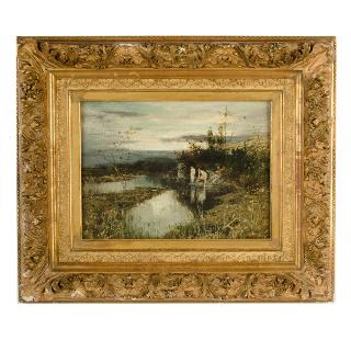 Continental Landscape Painting with Nude Women Swimming, 19th C. for